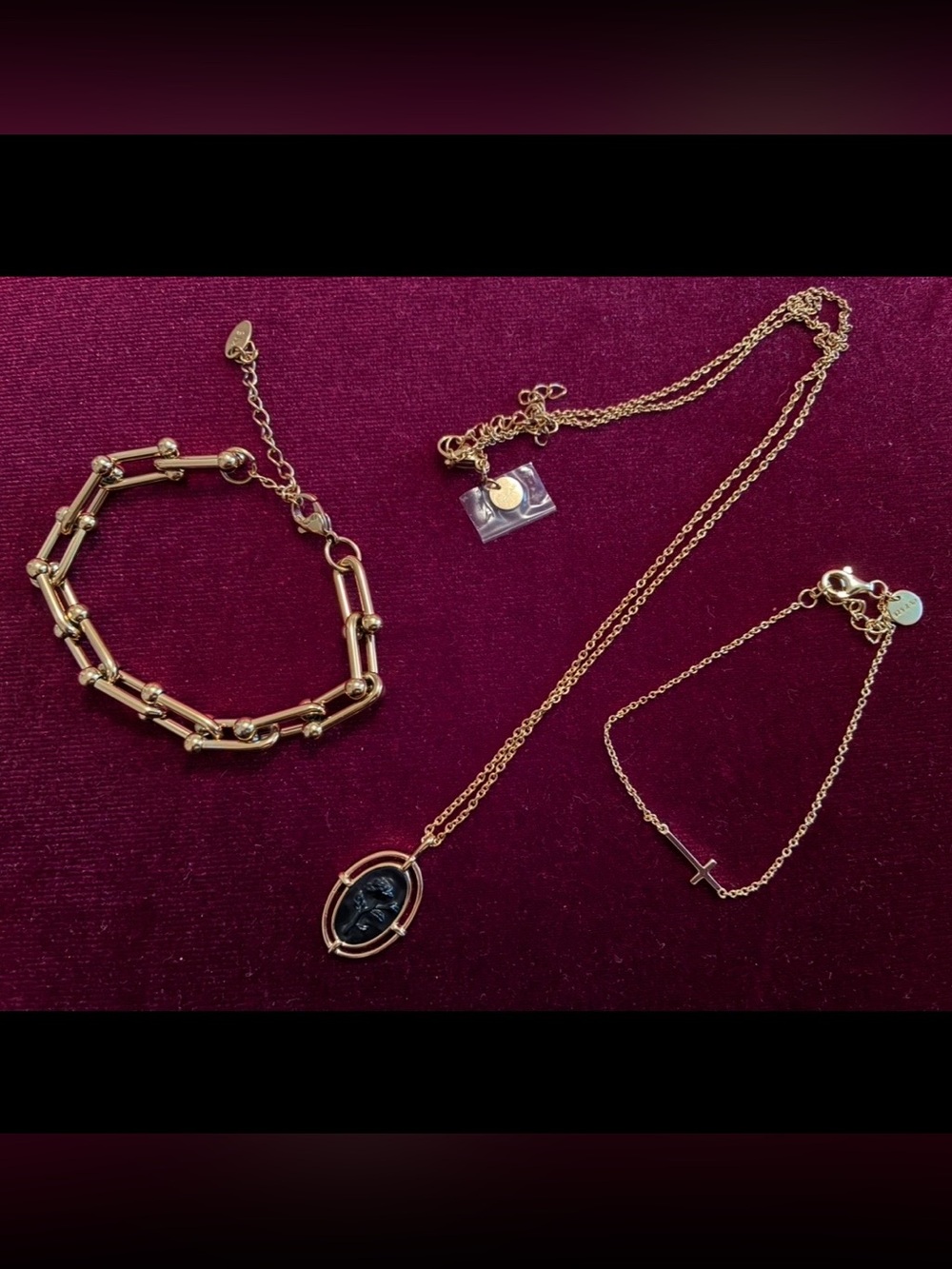 Gold-Plated Jewelry Lot, Rose Necklace, Cross Bracelet, U-Link Bracelet